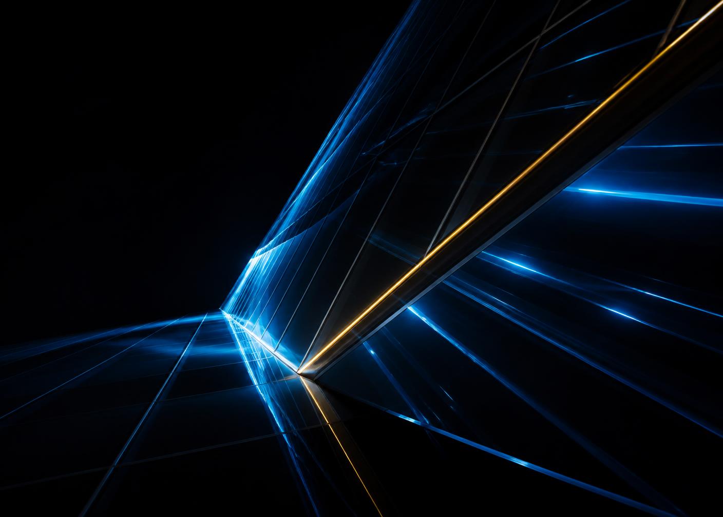 Abstract dark architectural glass with blue light lines and a gold seam